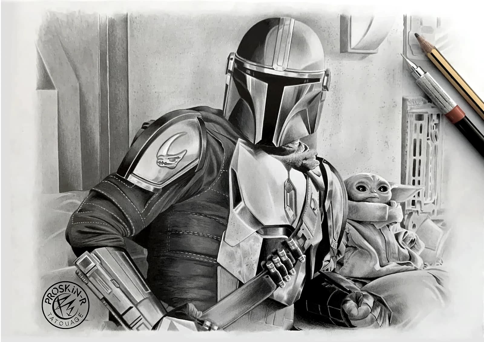 Dessin du Mandalorien par Romain Gomez, ProSkin-R Cahors